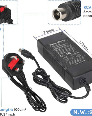 Problems Solved 42V 2A electric scooter charger for Xiaomi M365, Pro, Pro 2, and Xiaomi 3, with input and output connectors visible