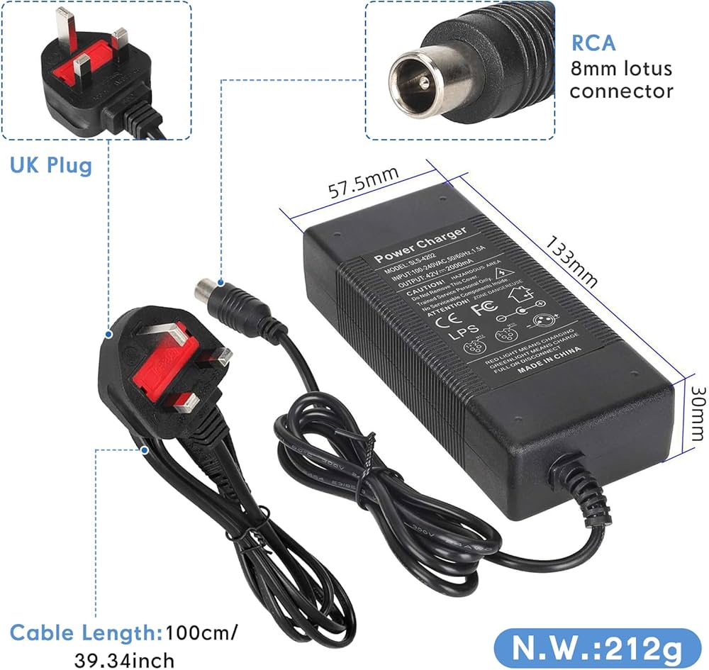 Problems Solved 42V 2A electric scooter charger for Xiaomi M365, Pro, Pro 2, and Xiaomi 3, with input and output connectors visible