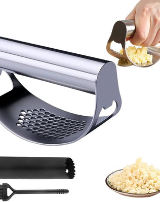 Problems Solved stainless steel garlic press rocker with ergonomic handle for efficient garlic mincing and crushing.