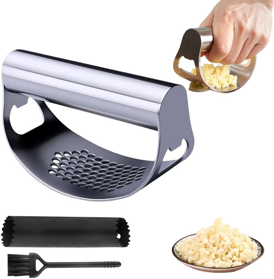 Problems Solved stainless steel garlic press rocker with ergonomic handle for efficient garlic mincing and crushing.