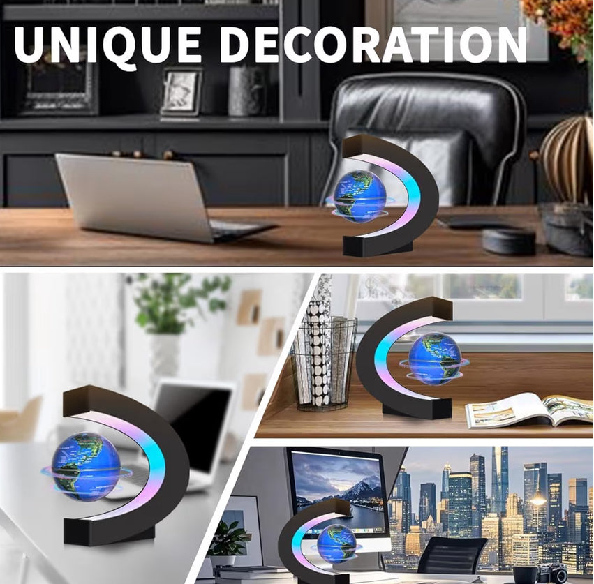 Levitating floating globe with LED lights by Problems Solved, showcasing a sleek, futuristic tech gadget with illuminated display.