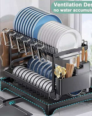 Black stainless steel 2-tier dish drainer with drip tray, Problems Solved dish drying rack for kitchen countertop.
