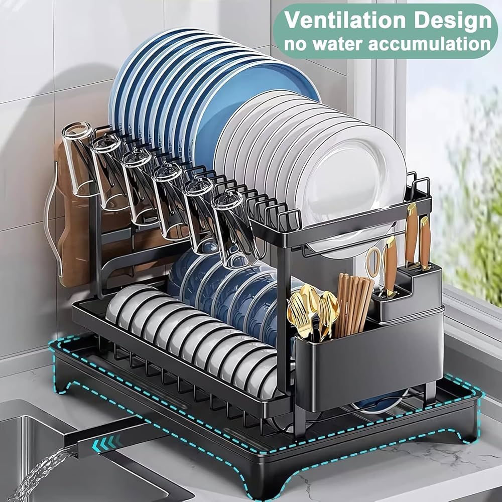 Black stainless steel 2-tier dish drainer with drip tray, Problems Solved dish drying rack for kitchen countertop.