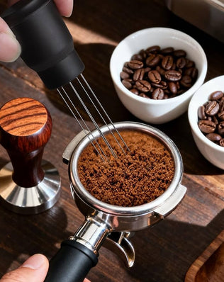 Problems Solved upgraded WDT tool with strong magnet for Breville Barista espresso coffee maker, showing the precision tool in use.