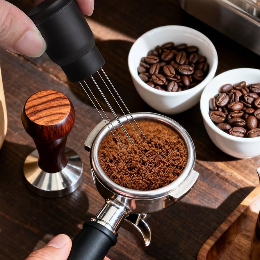 Problems Solved upgraded WDT tool with strong magnet for Breville Barista espresso coffee maker, showing the precision tool in use.