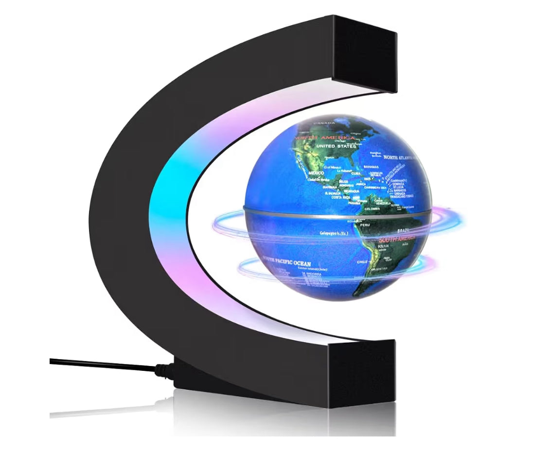 Levitating floating globe with LED lights, innovative tech gadget by Problems Solved, showcasing a glowing, suspended world display.
