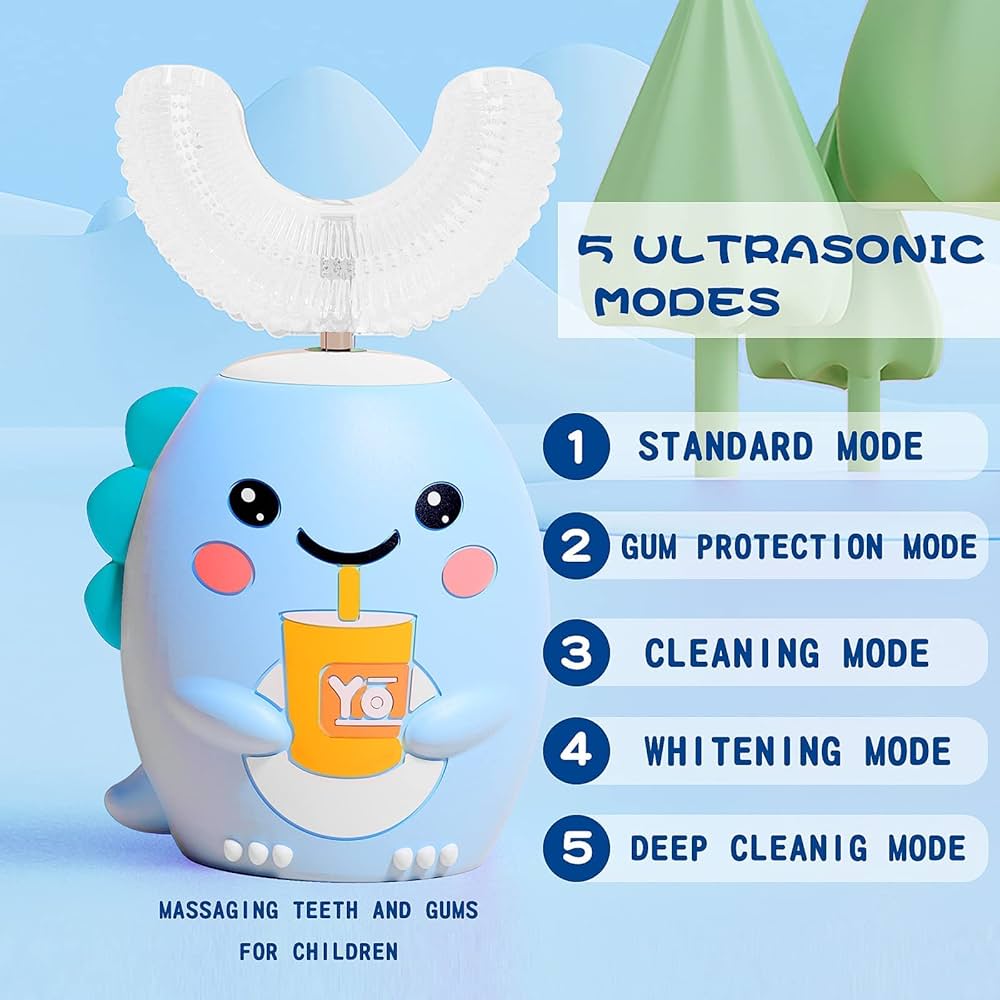 U Shape Electric Toothbrush for Kids with 4 Brush Heads, Sonic Toothbrush for Kids with 5 Modes