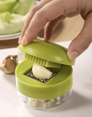 Problems Solved mini garlic chopper and press with container, manual garlic mincer and crusher for easy food prep.