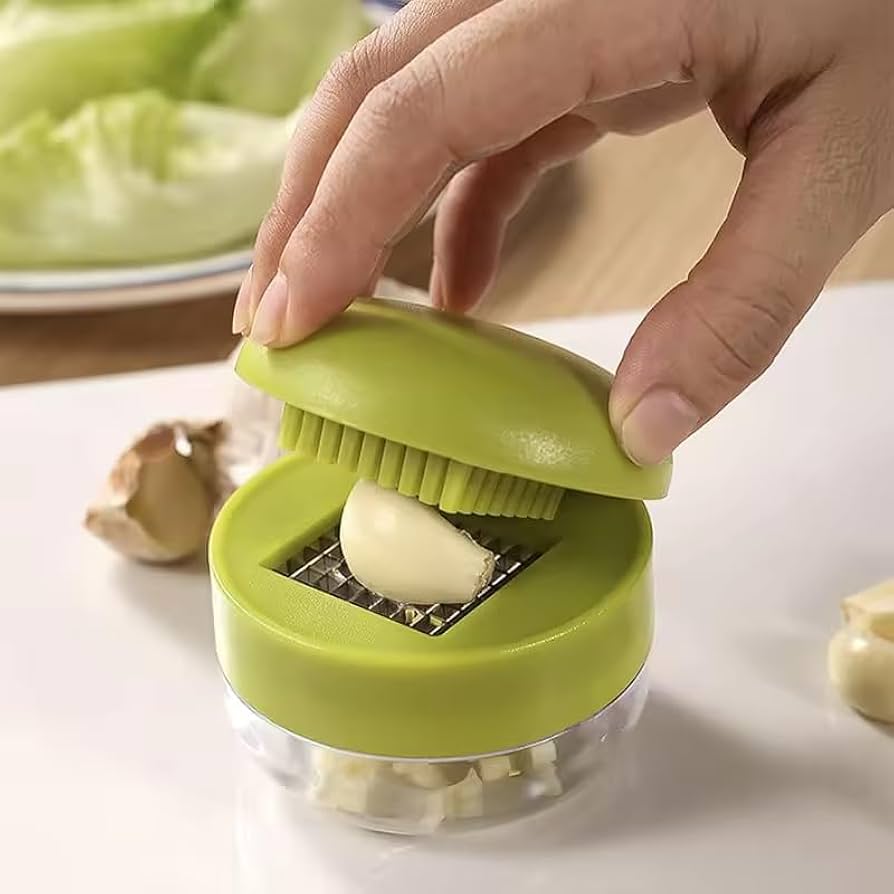 Problems Solved mini garlic chopper and press with container, manual garlic mincer and crusher for easy food prep.