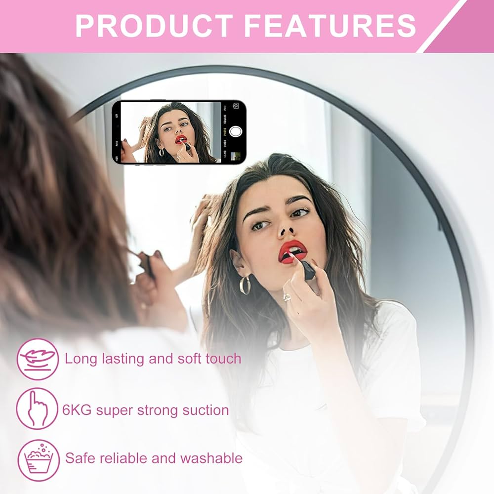 Problems Solved 3-piece silicone suction cup phone holder with double-sided design and 24 suction cups, mounted on a smooth surface.