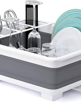Problems Solved collapsible dish drying rack with multiple compartments for kitchen countertop drying and organization of dinnerware.