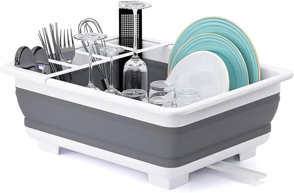 Problems Solved collapsible dish drying rack with multiple compartments for kitchen countertop drying and organization of dinnerware.