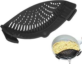 Problems Solved silicone clip-on pot strainer for hands-free, easy food draining from pots and pans.