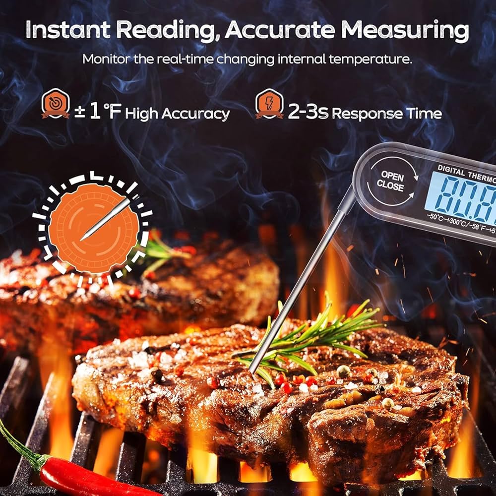 Digital Meat Thermometer with backlight by Problems Solved, wireless for grilling and air fryer cooking, showing a close-up of the device.