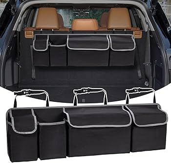 Problems Solved car back seat organizer with four pockets, designed for organizing items on the back of a vehicle's seat.