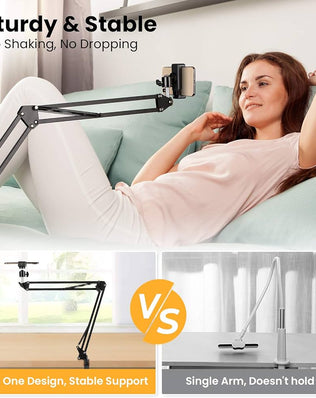 Problems Solved overhead tripod with articulating arm and phone holder, ideal for portable electronic mounting and video recording.