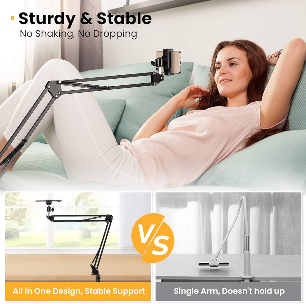 Problems Solved overhead tripod with articulating arm and phone holder, ideal for portable electronic mounting and video recording.