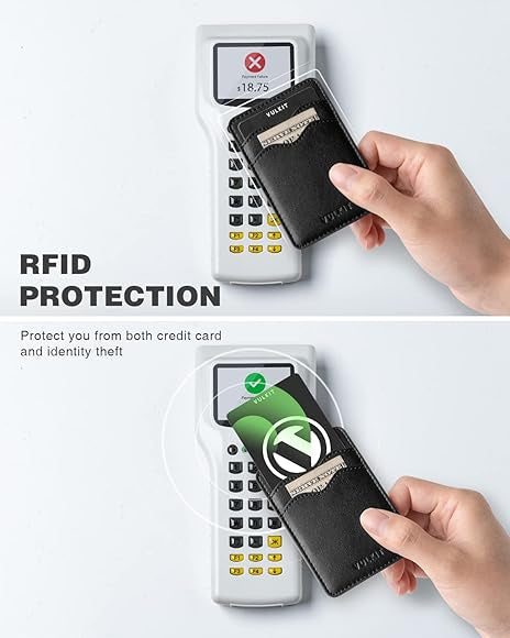 Slim leather phone card holder by Problems Solved, adhesive wallet for men and women, holds cards securely on phone or surface.