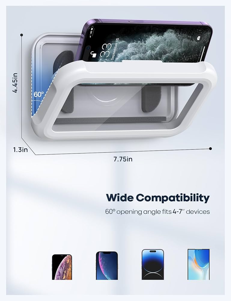 Waterproof shower phone holder by Problems Solved with 480º rotating wall mount and secure case for hands-free use in the shower.