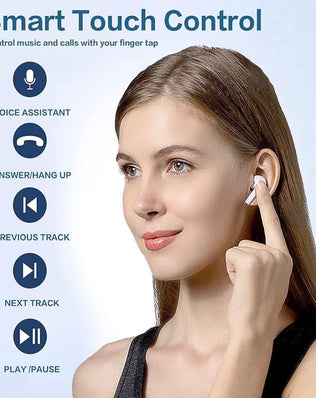 Problems Solved wireless Bluetooth 5.0 earbuds with noise-canceling Air Buds, shown in black with charging case and earbuds in ear.