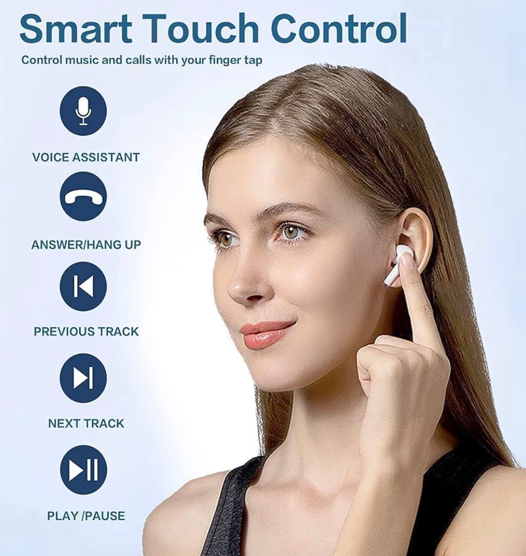 Problems Solved wireless Bluetooth 5.0 earbuds with noise-canceling Air Buds, shown in black with charging case and earbuds in ear.