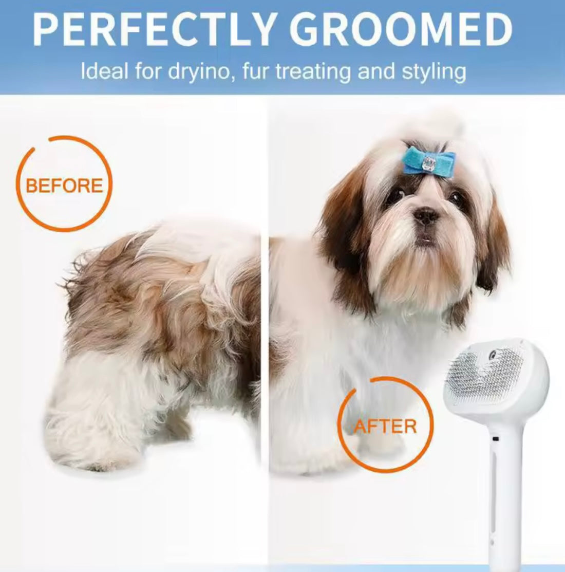 Problems Solved Dog Steam Comb Pet Massage Brush with USB charging, showing the brush with steam vents and ergonomic handle.
