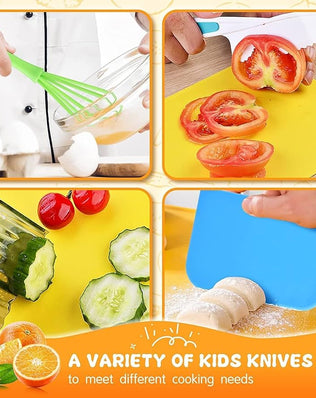 Kids safety knife set by Problems Solved, 17-piece children's kitchen knife set with colorful safety knives for real cooking.