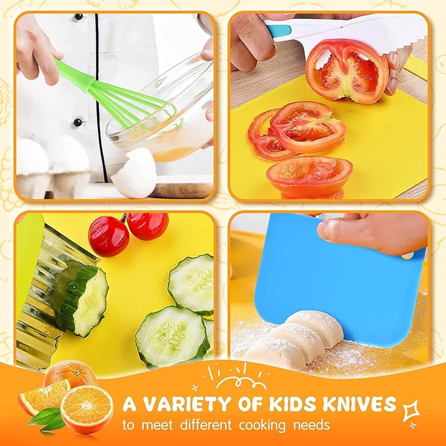Kids safety knife set by Problems Solved, 17-piece children's kitchen knife set with colorful safety knives for real cooking.