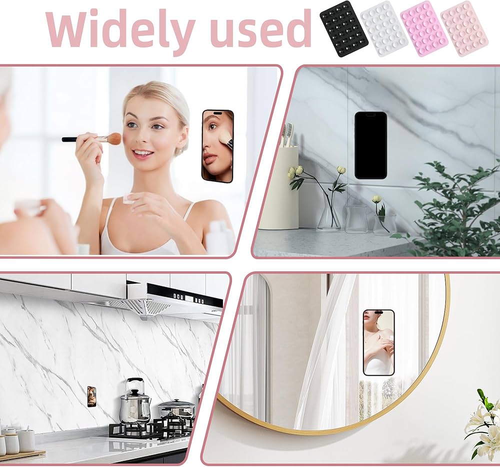 Problems Solved 4-pack silicone suction phone case mounts with sticky grip, reusable phone holders for secure attachment to surfaces.