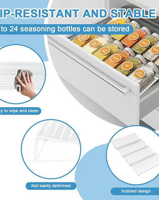 Problems Solved spice rack drawer organizer for kitchen, featuring multiple spice jars neatly arranged in a sleek storage drawer.