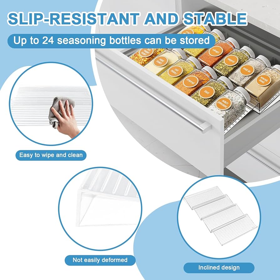 Problems Solved spice rack drawer organizer for kitchen, featuring multiple spice jars neatly arranged in a sleek storage drawer.