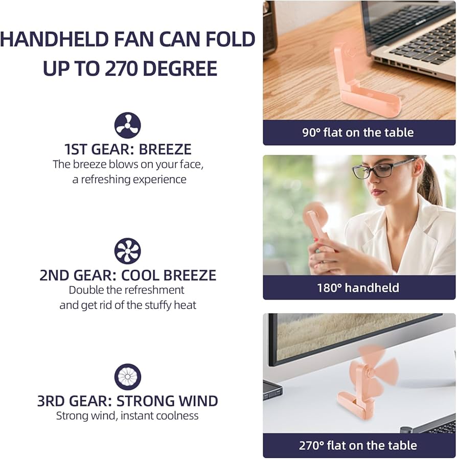 Problems Solved USB rechargeable handheld fan with three speed settings, compact and portable for personal cooling.
