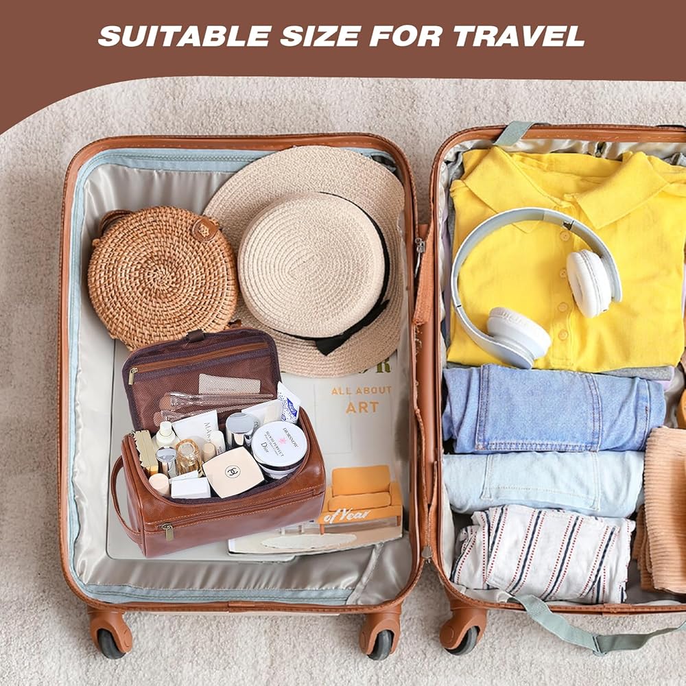 Leather Toiletry Bag for Men, Dark Brown Wash Bag for Travel, Gym & Shaving