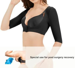 Problems Solved women's arm shaper compression sleeve for post-surgical slimming, shown on a woman's arm.