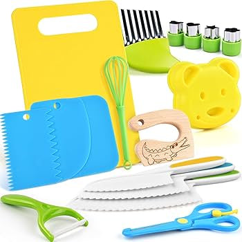 Problems Solved 17-piece kids' safety kitchen knife set with colorful blades, designed for children to learn real cooking safely.
