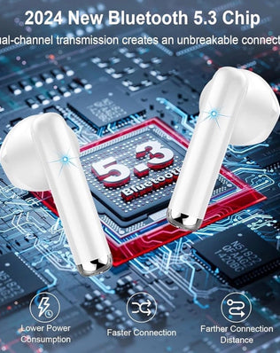Wireless Bluetooth 5.3 in-ear headphones by Problems Solved, showing black earbuds with in-ear design and charging case.