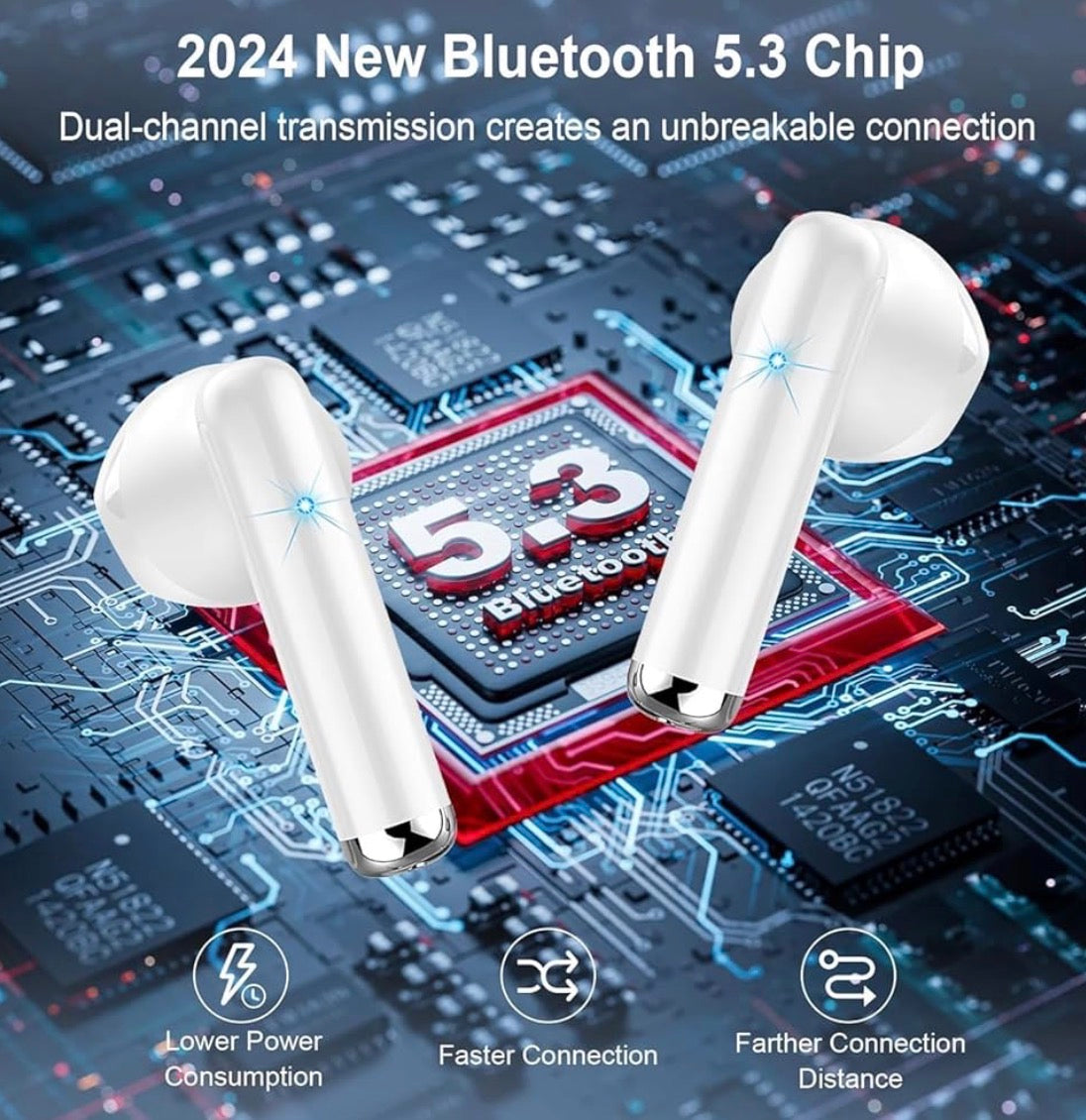 Wireless Bluetooth 5.3 in-ear headphones by Problems Solved, showing black earbuds with in-ear design and charging case.