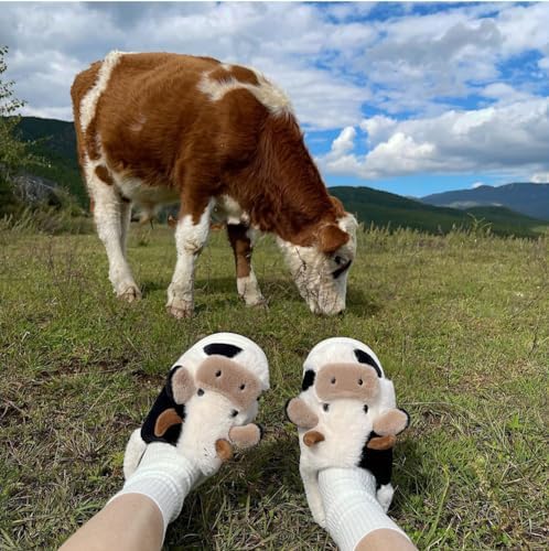 Cow Slippers Women Men Plush Mules Winter Soft Warm Comfortable Fluffy