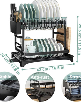 Black stainless steel 2-tier dish drainer with drip tray, Problems Solved dish drying rack for efficient kitchen organization