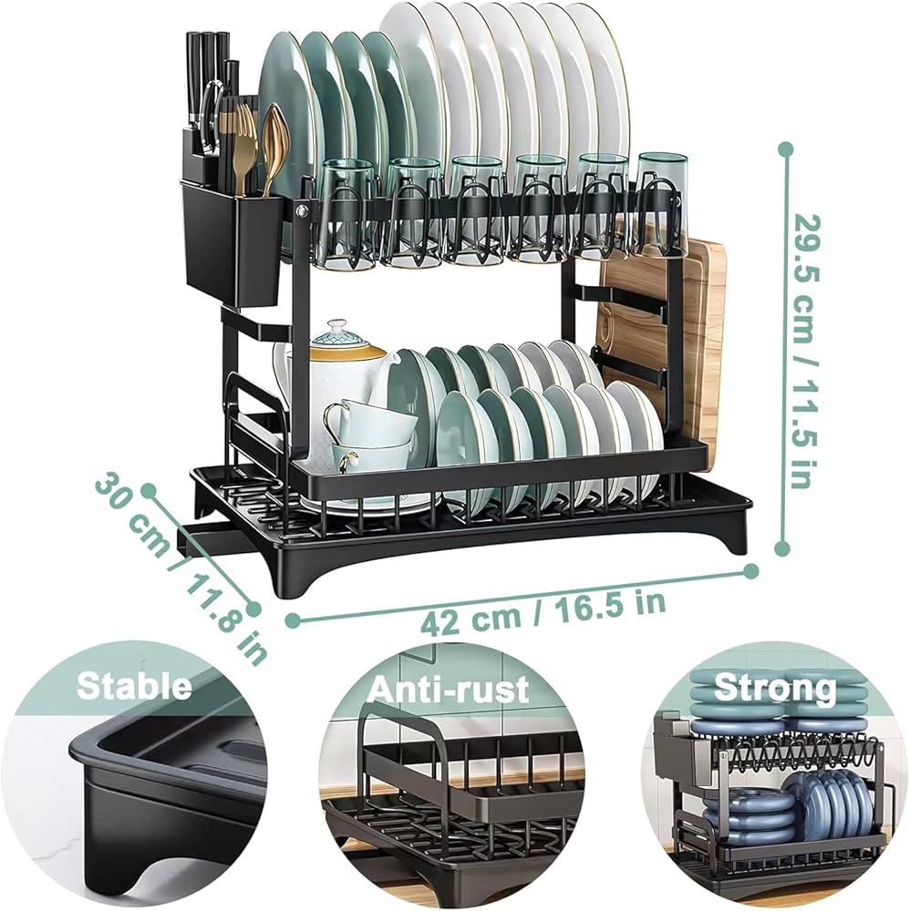 Black stainless steel 2-tier dish drainer with drip tray, Problems Solved dish drying rack for efficient kitchen organization