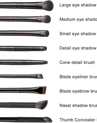 Set of nine Problems Solved eyeshadow makeup brushes with various eye brush designs for detailed eye makeup application.