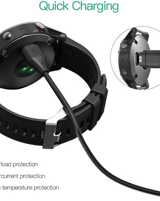 Problems Solved Garmin charger with cable and connector, compatible with Garmin smartwatches and fitness devices.