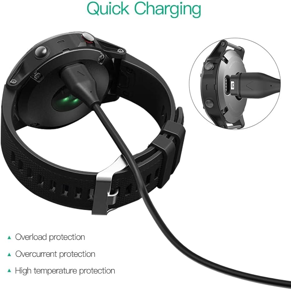 Problems Solved Garmin charger with cable and connector, compatible with Garmin smartwatches and fitness devices.