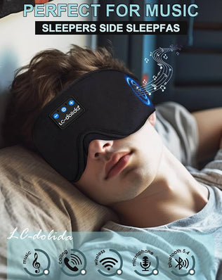 Black LC-dolida Bluetooth sleep mask headphones with 3D deep eye mask design, providing 200% blackout for comfortable sleep.