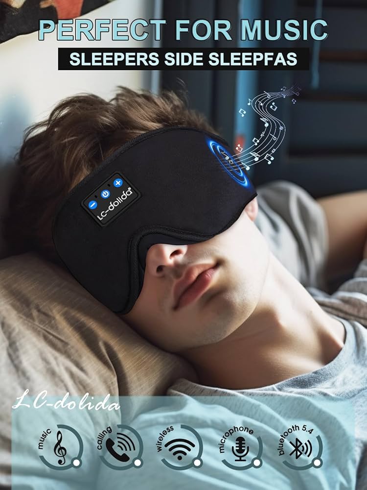 Black LC-dolida Bluetooth sleep mask headphones with 3D deep eye mask design, providing 200% blackout for comfortable sleep.