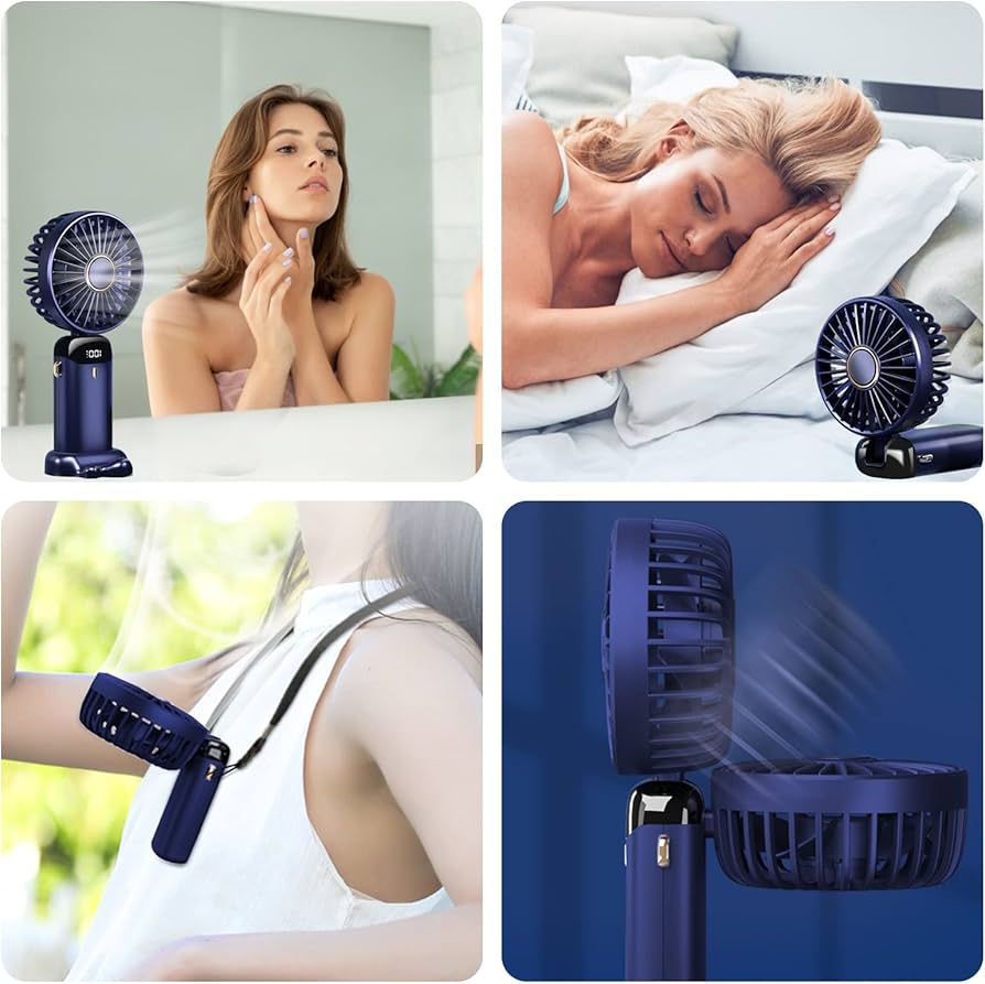 Problems Solved portable handheld USB rechargeable fan with five speed settings, compact and lightweight for personal cooling.