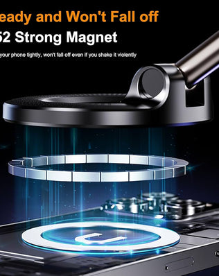 Problems Solved magnetic phone holder with 360° rotating, adjustable, and foldable design mounted on a car dashboard.