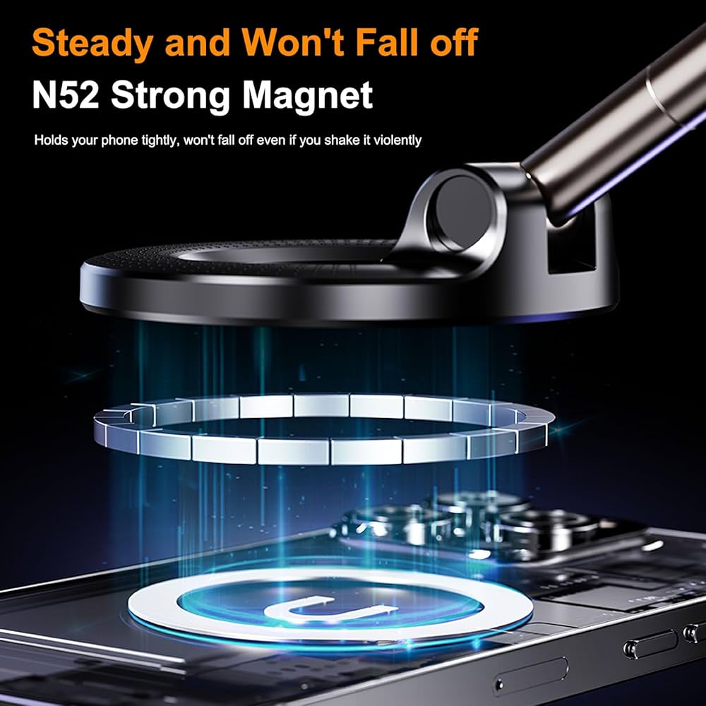 Problems Solved magnetic phone holder with 360° rotating, adjustable, and foldable design mounted on a car dashboard.