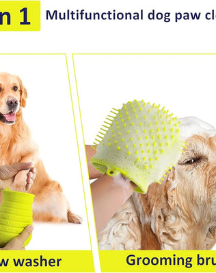 Problems Solved portable silicone dog paw cleaner with a cup for muddy paw cleaning and foot scrubbing.