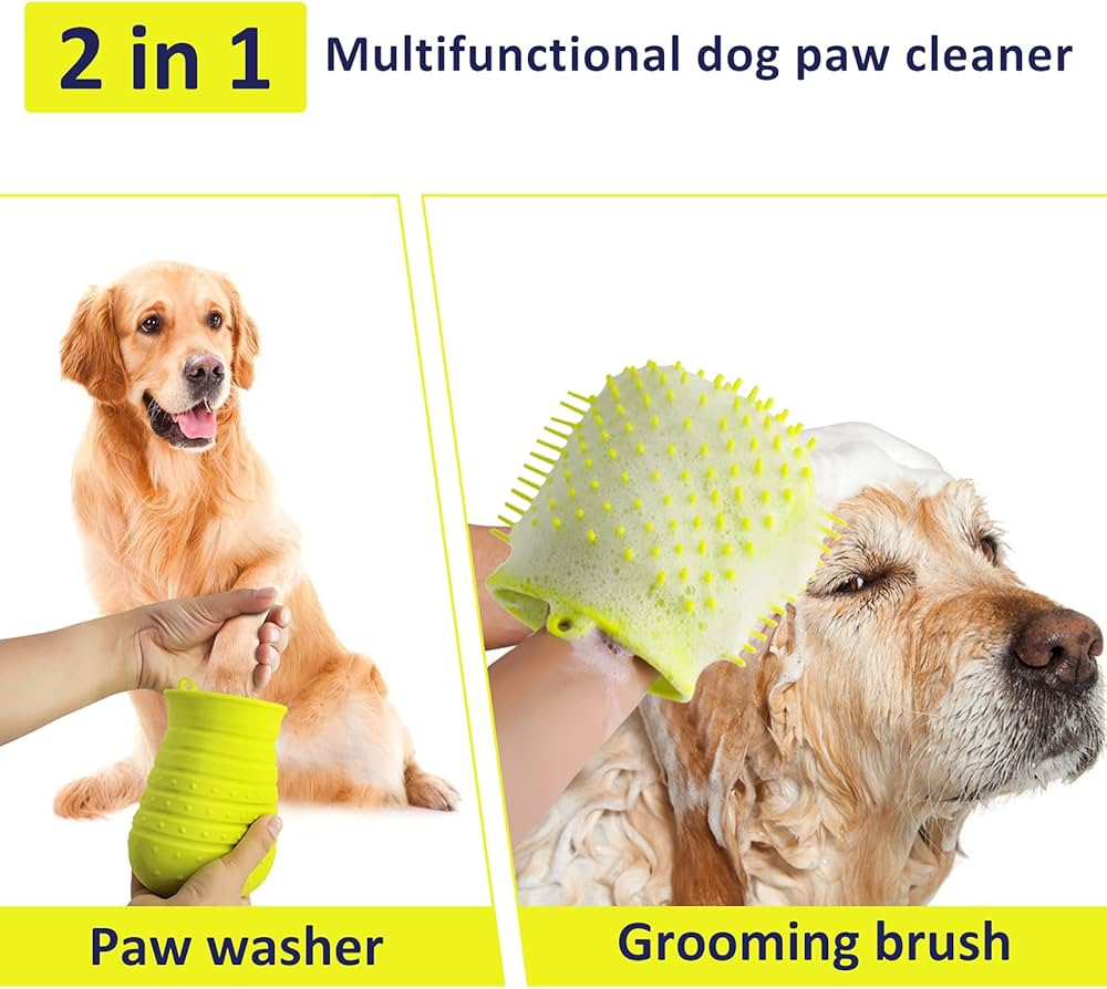 Problems Solved portable silicone dog paw cleaner with a cup for muddy paw cleaning and foot scrubbing.